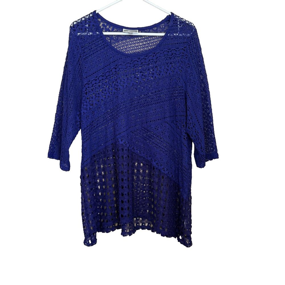 JM Collection Boho Blue Crochet Sheer Lace Top Womens XL Open Knit Beach Coastal